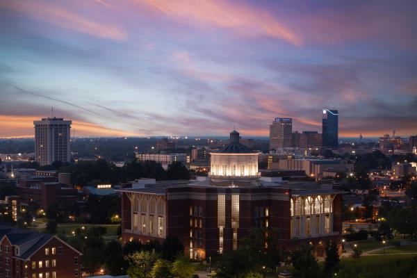 Downtown Lexington and campus at sunset