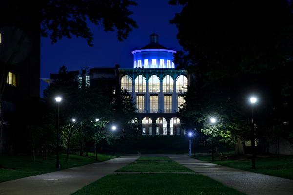 William T. Young library lights up blue at night