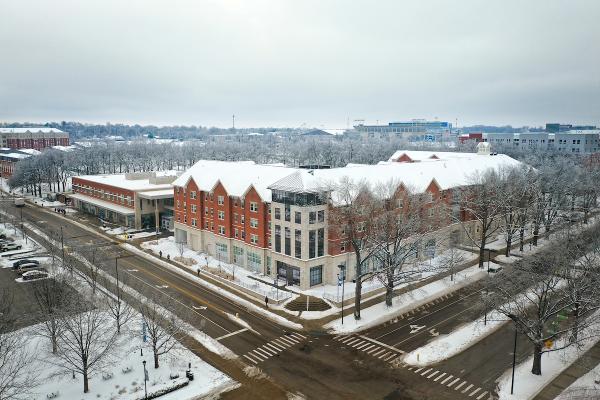 Lewis Honors College covered in snow