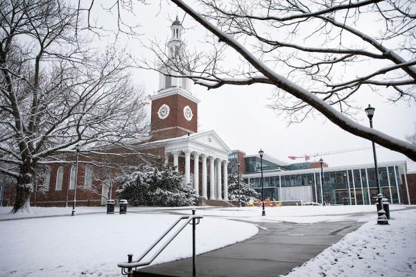 memorial hall covered in snow