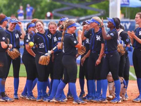 Photo of UK softball team celebrating after victory against Notre Dame